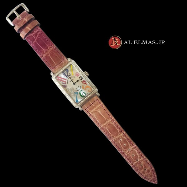 Franck Muller Color Dreams 7502 QZ luxury watch in 18K white gold with diamond-set case, colorful numerals, mother-of-pearl dial, quartz movement, and pink alligator leather strap.