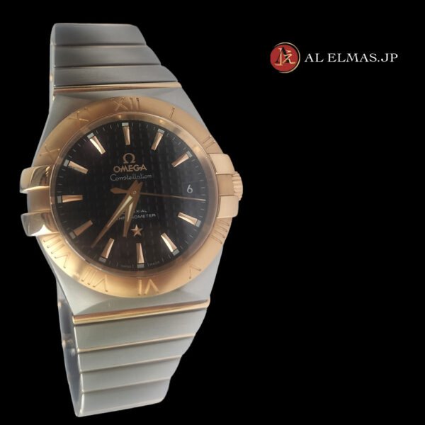 Omega Constellation Co-Axial Chronometer watch with black textured dial, rose gold bezel, date display, and stainless steel and rose gold integrated bracelet.