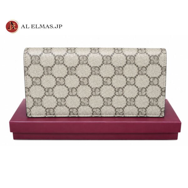 Authentic Gucci GG Supreme canvas long wallet with leather interior, original box, dust bag, and booklet – luxury designer wallet by Gucci.